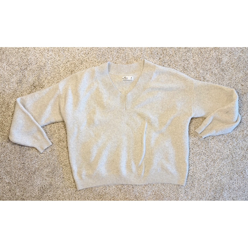 Hollister Sweater V-Neck Knit Medium Oatmeal Heather Casual Oversized Pullover